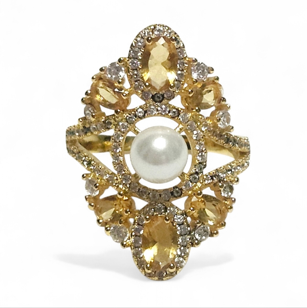 Citrine Gold Over Sterling Silver Wide Filigree Pearl Statement Ring Sz 8.5 NEW